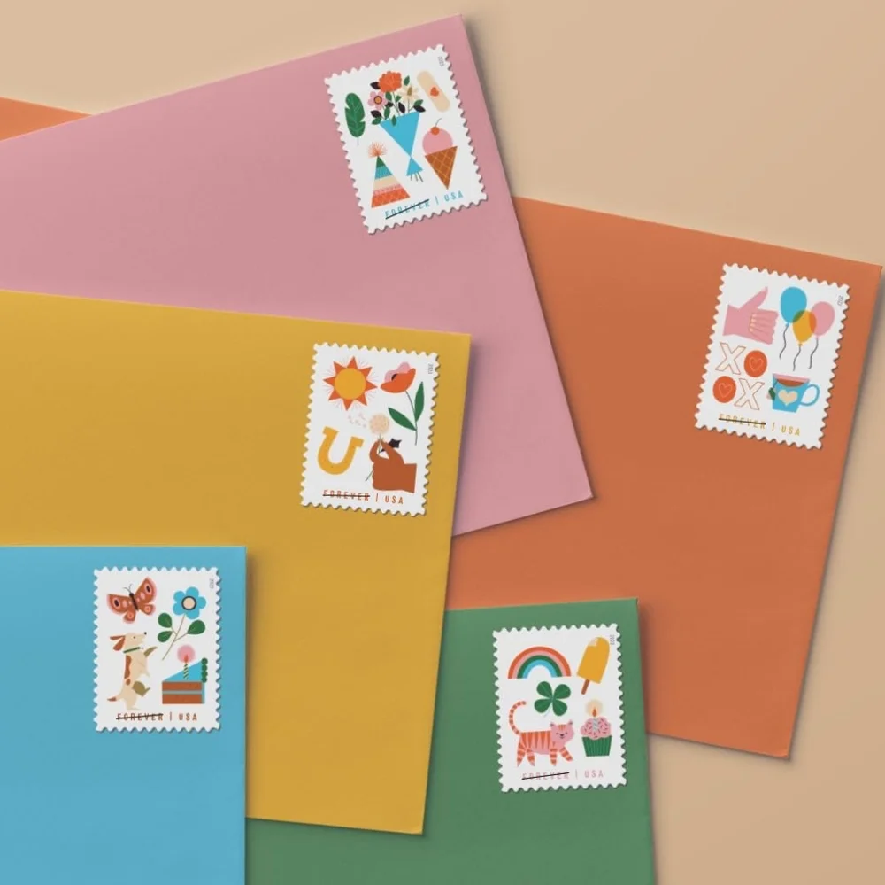 100 New‎ 2023 Thinking Of You USPS Forever Stamps With Bonus Stickers Fun Lucky